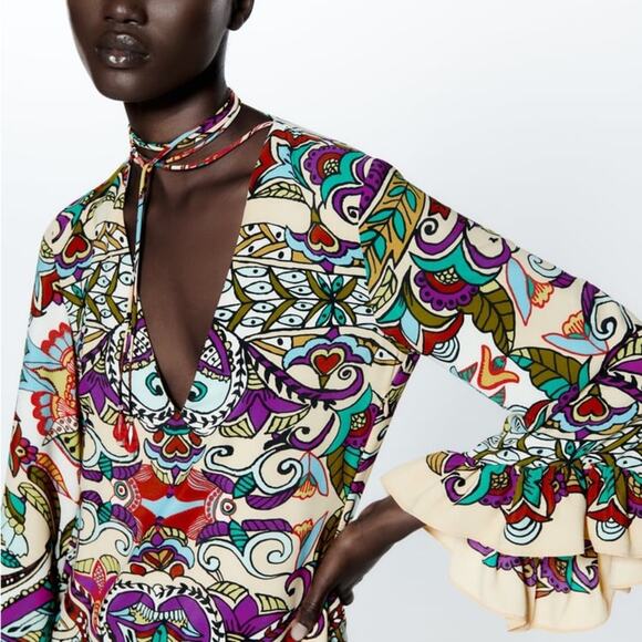 ZARA BLOGGER FAVORITE PRINTED MIDI DRESS MULTICOLORED - Picture 13 of 13